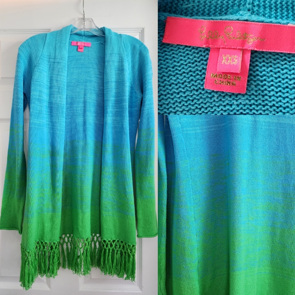 LILLY PULITZER Cardigan Sweater - Fringe Hem - Ombre Aqua Blue to Green - XXS